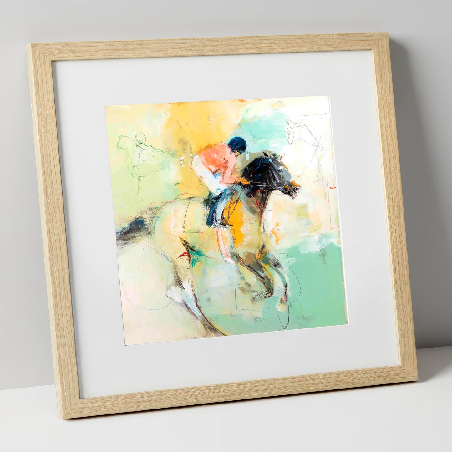 The Driving Finish racing horse art print in natural frame