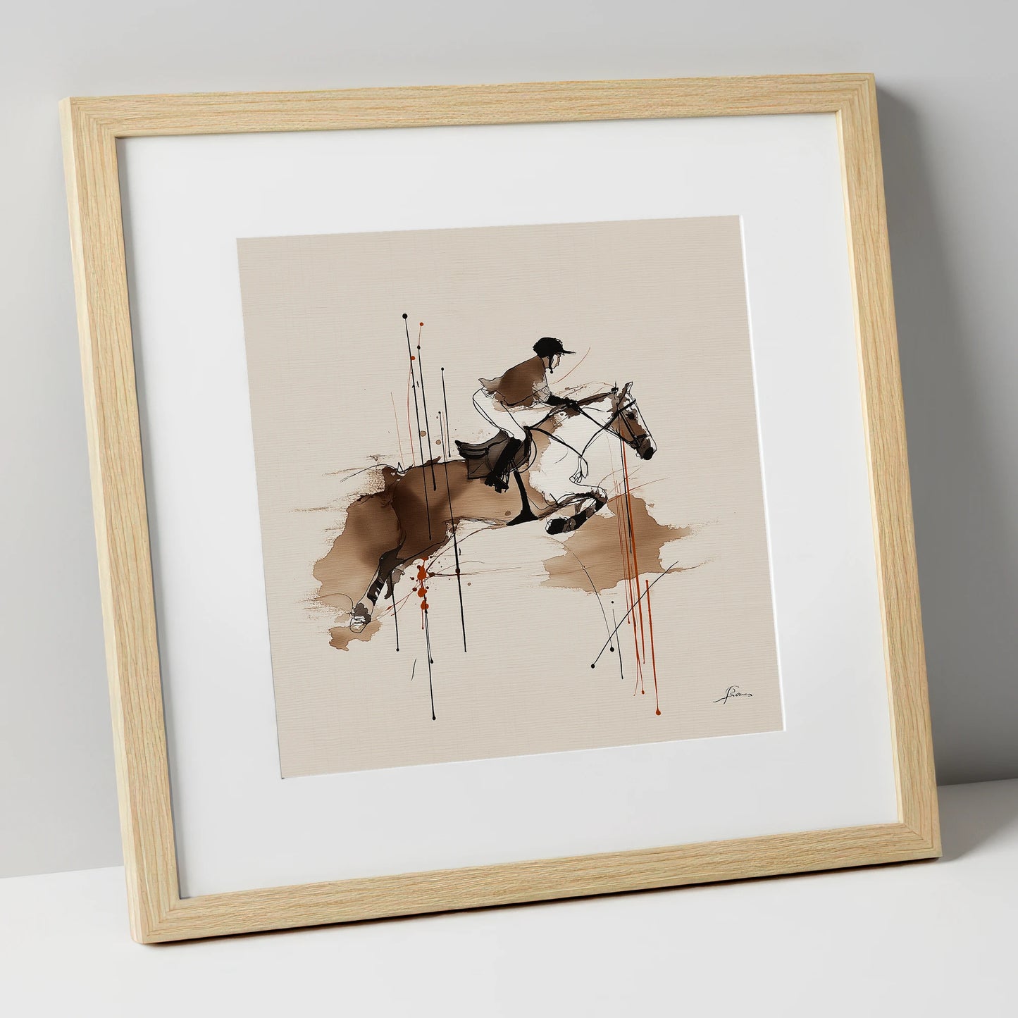 Airborne Momentum show jumping horse art print in natural frame