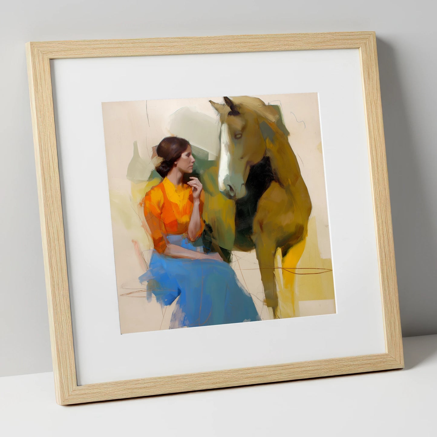 The Quiet Connection horse & rider art print in natural frame