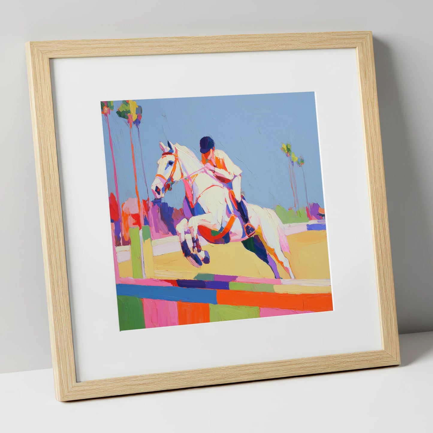 Technicolour Takeoff show jumping horse art print in natural frame