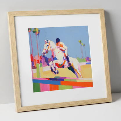 Technicolour Takeoff show jumping horse art print in natural frame