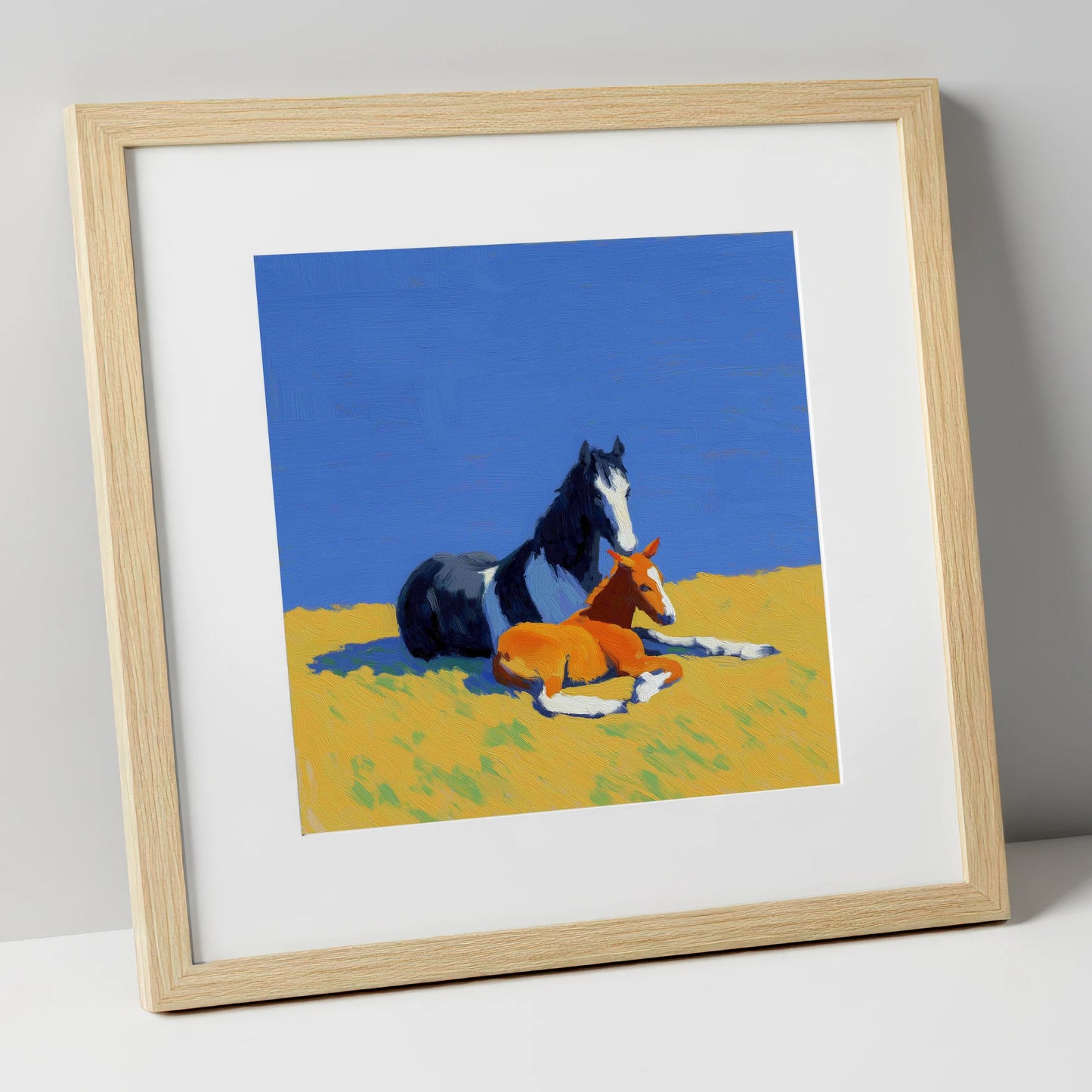 Sun-Drenched Bond mare & foal art print in natural frame