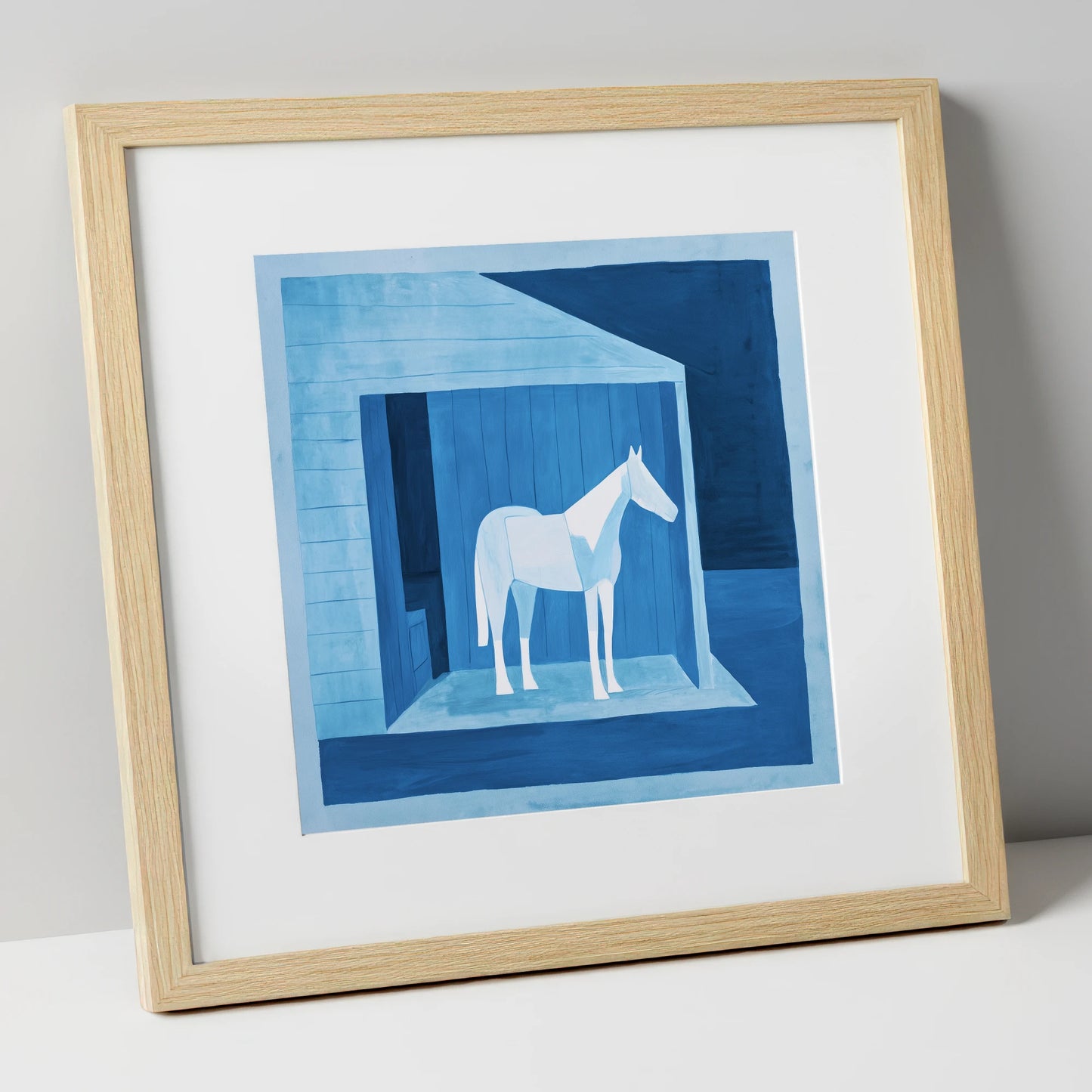 Azure Shelter horse stable art print in natural frame