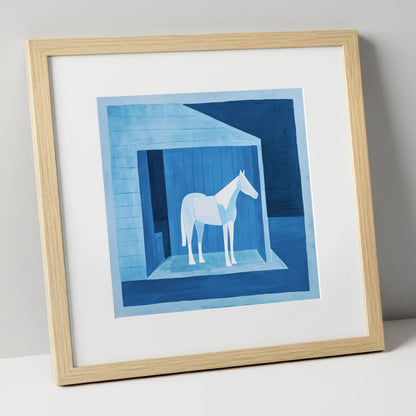 Azure Shelter horse stable art print in natural frame