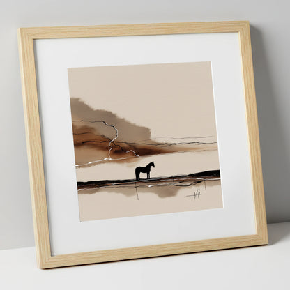 Lightning on the Horizon horse landscape art print in natural frame