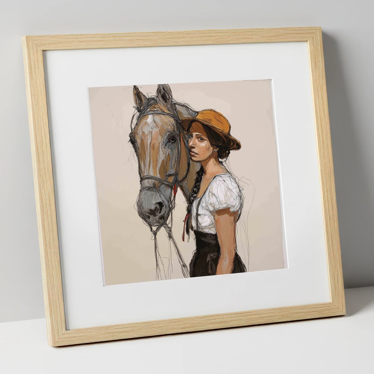 Unspoken Bond horse & rider art print in natural frame
