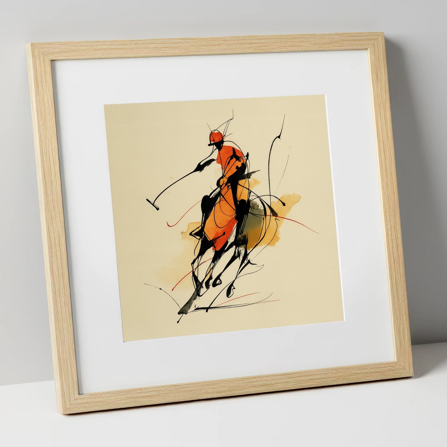 The Decisive Strike polo horse art print in natural frame