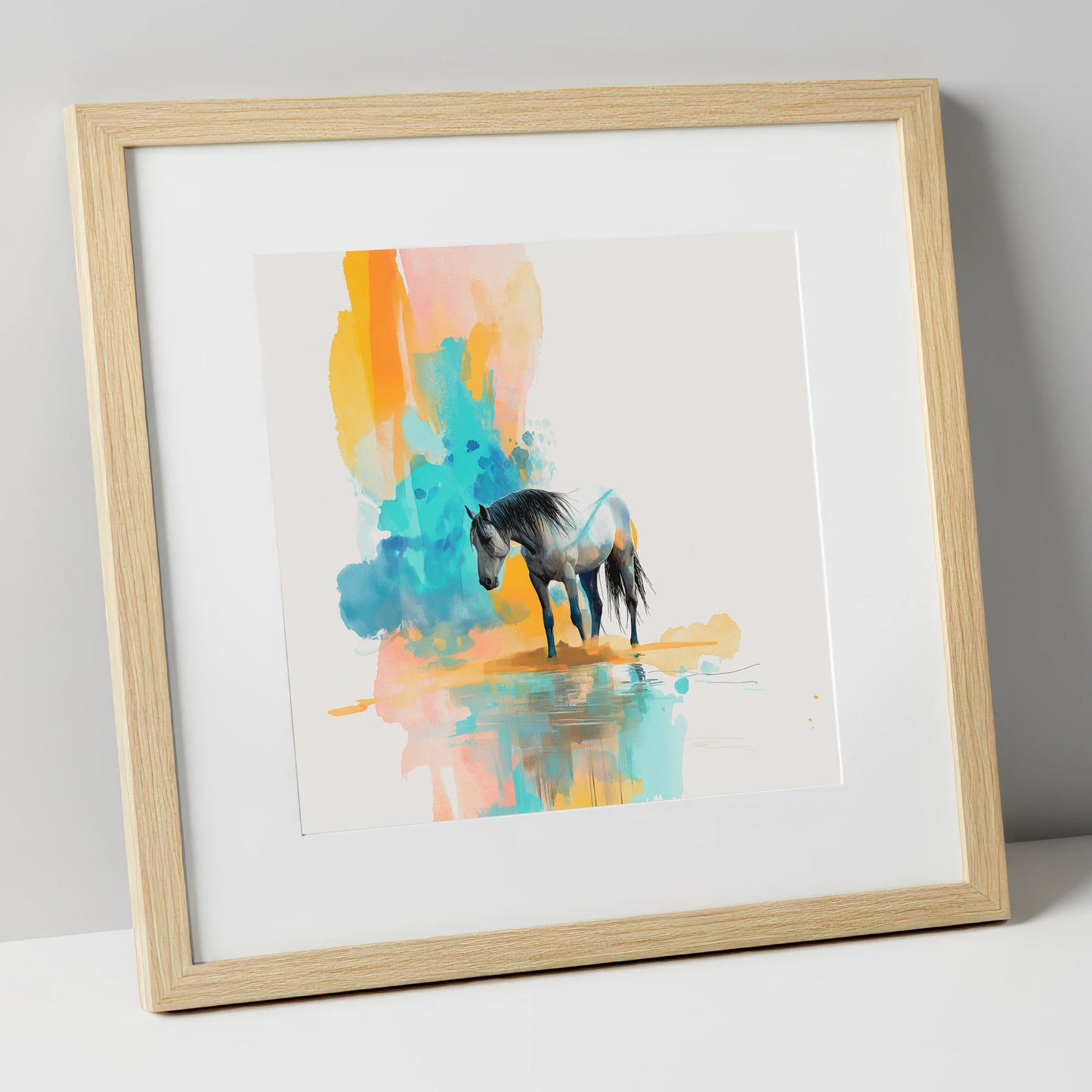 Vibrant Grey Reflection horse portrait art print in natural frame