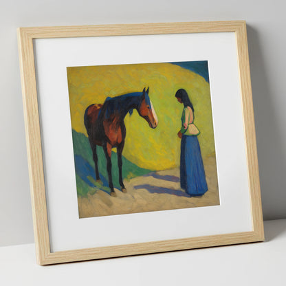 Vibrant Connection horse & rider art print in natural frame