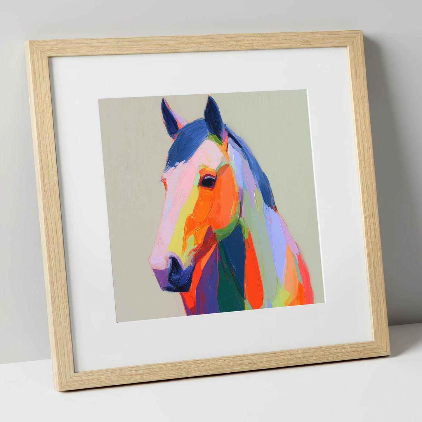 Vivid Technicolour Spirit horse portrait art print in natural frame