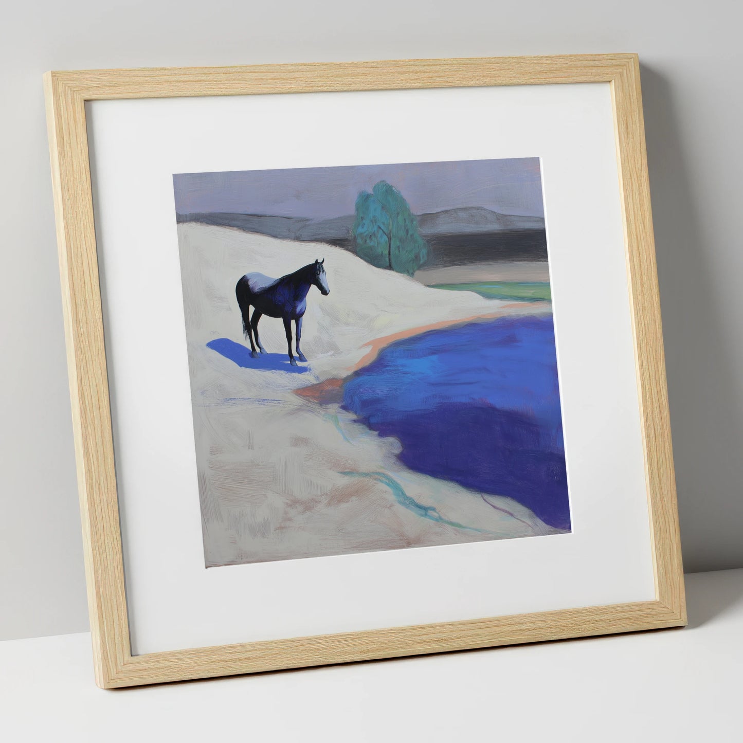 Blue Shore Solitude horse landscape art print in natural frame