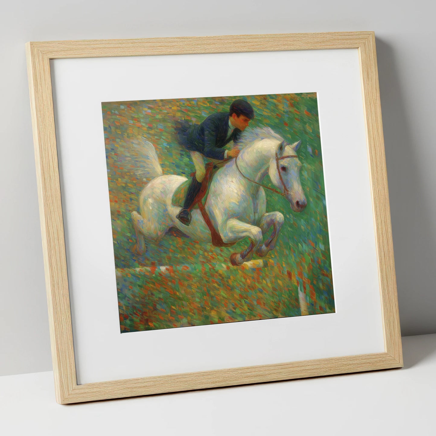 Luminous Jumping Grey show jumping horse art print in natural frame