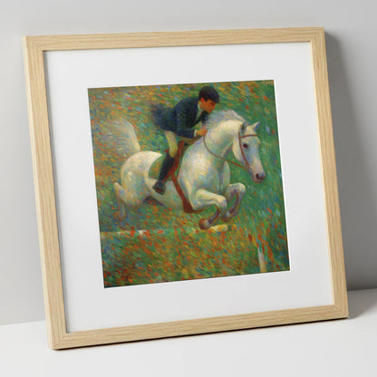Luminous Jumping Grey show jumping horse art print in natural frame