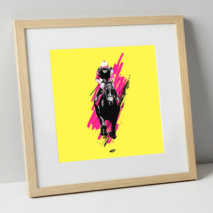 The Front Runner racing horse art print in natural frame