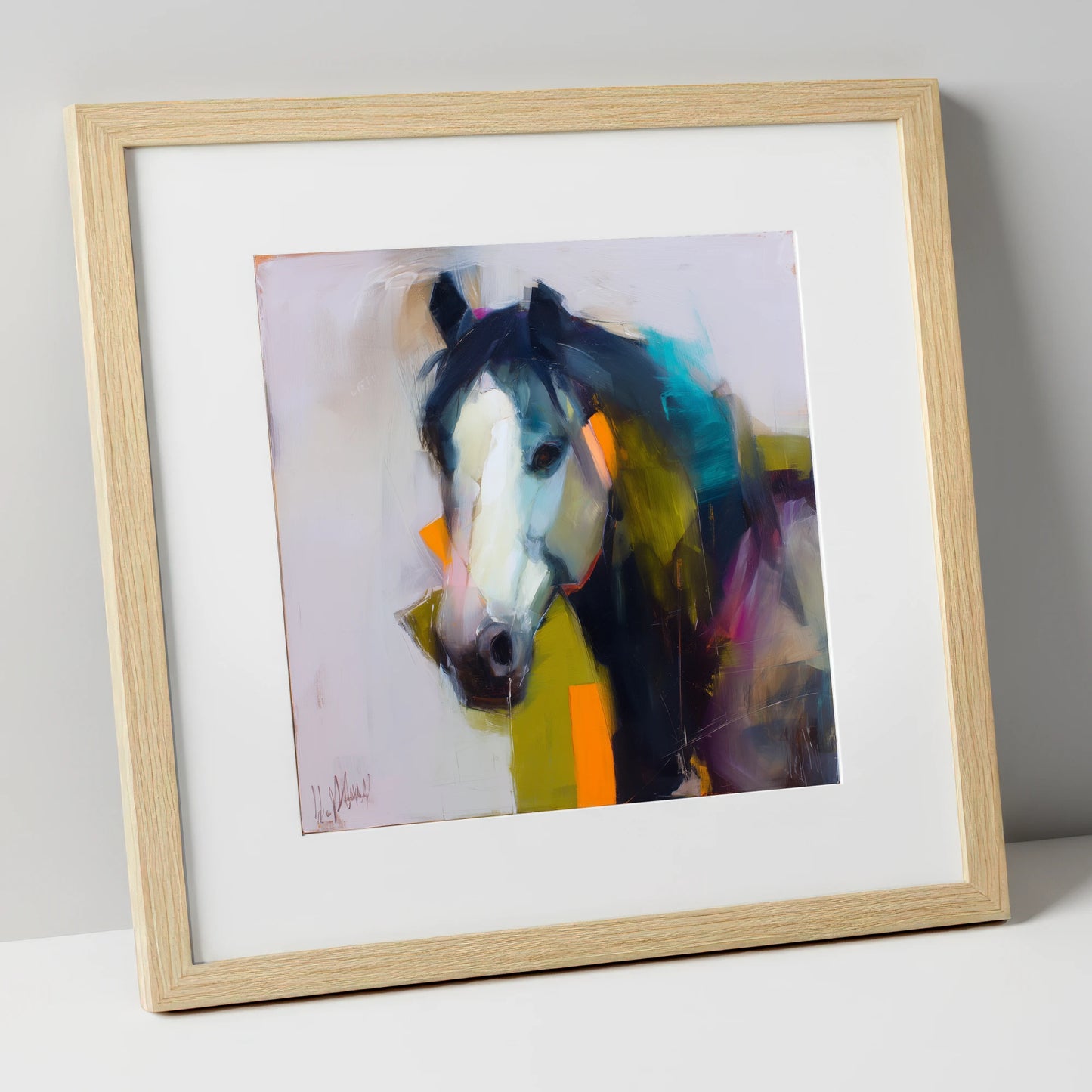 Contemporary Blaze Portrait horse portrait art print in natural frame