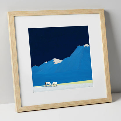 Cobalt Peaks and Greys horse landscape art print in natural frame
