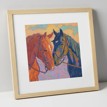 Vibrant Equine Bond horse portrait art print in natural frame