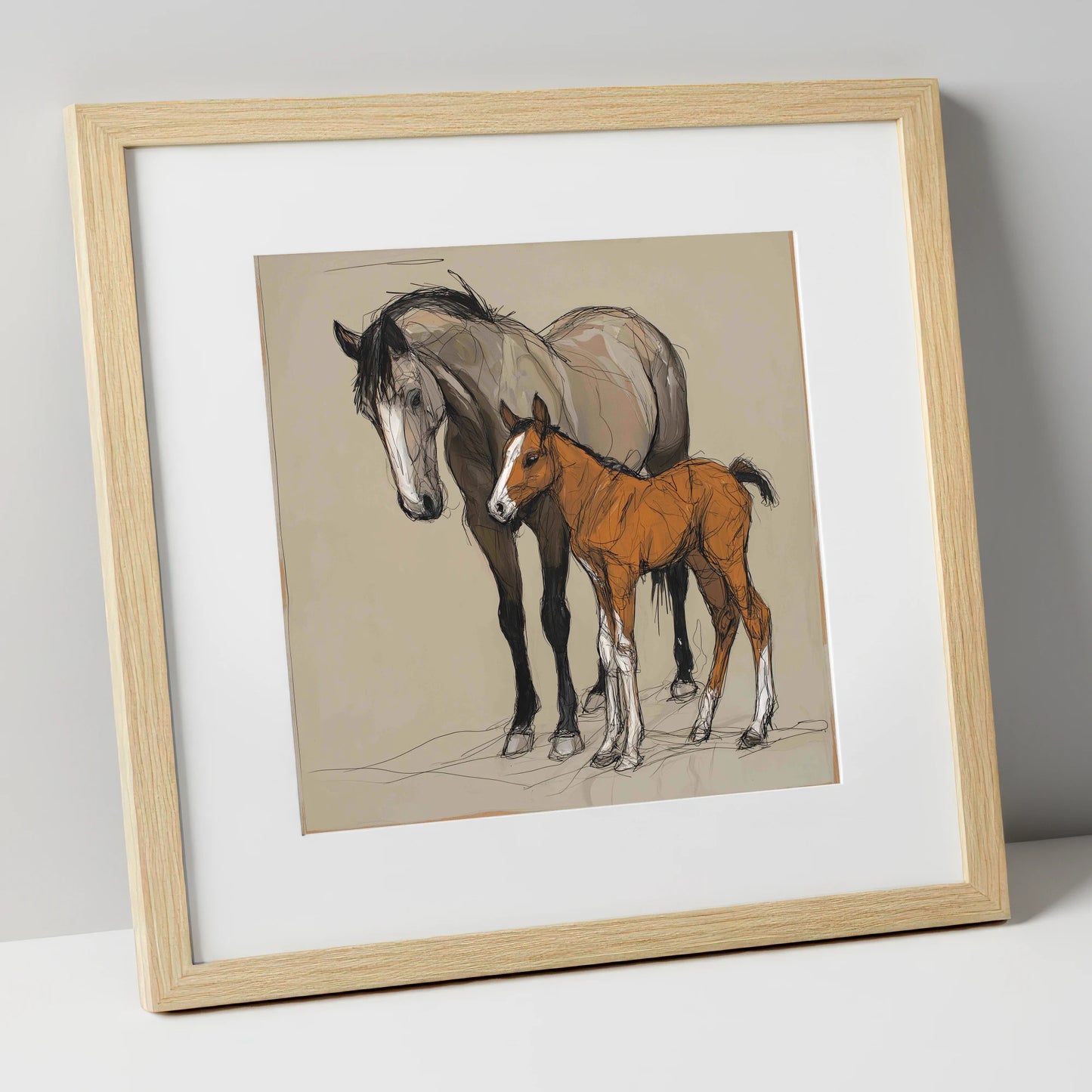 Gentle Guidance mare & foal art print in natural frame