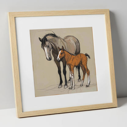 Gentle Guidance mare & foal art print in natural frame