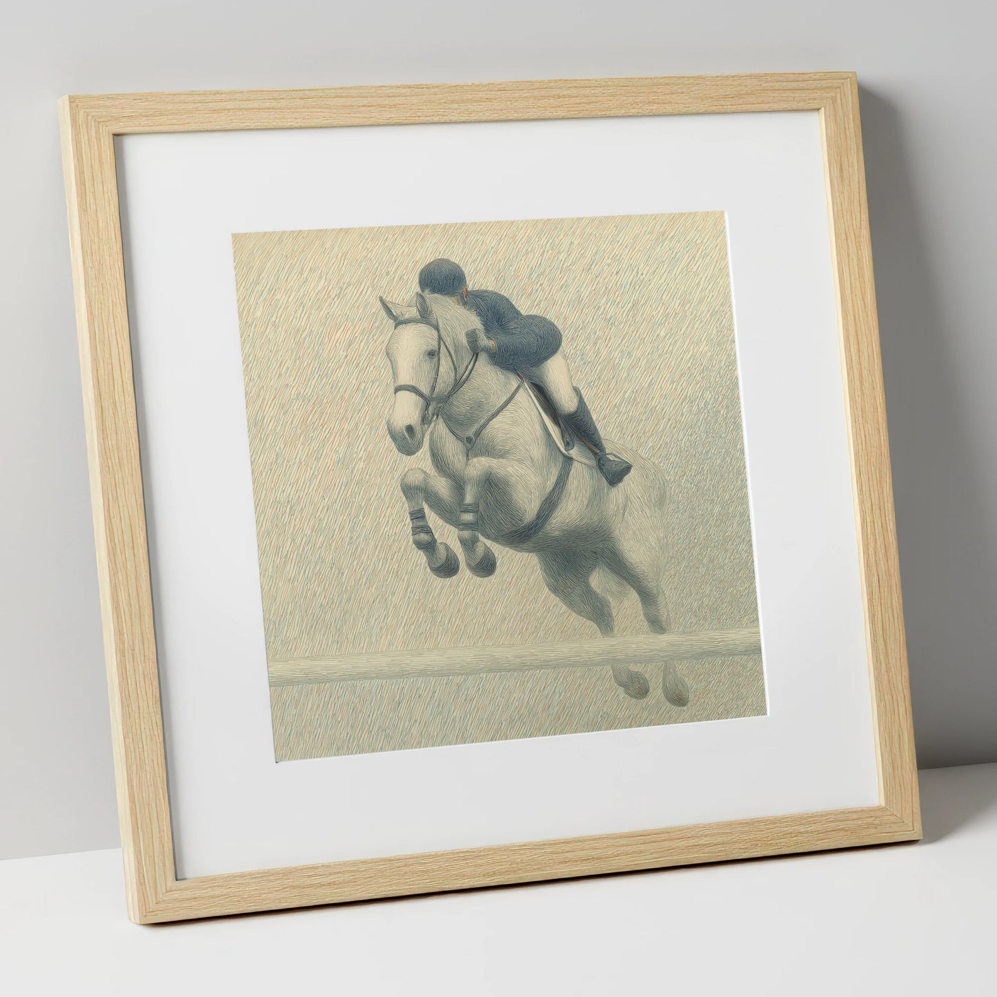 Elegance in Flight show jumping horse art print in natural frame