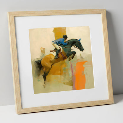 Abstract Showjumping Flight show jumping horse art print in natural frame