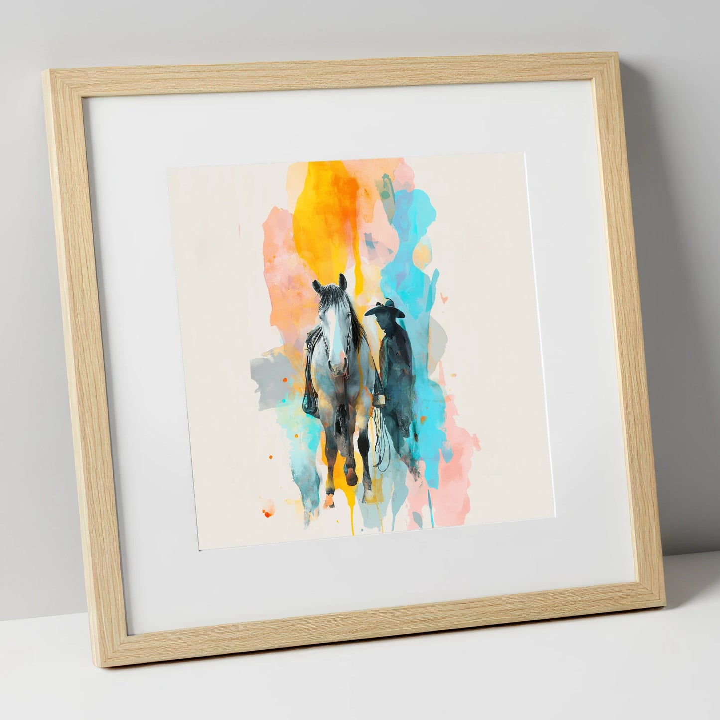 Vibrant Frontier Bond western horse art print in natural frame