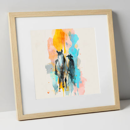 Vibrant Frontier Bond western horse art print in natural frame