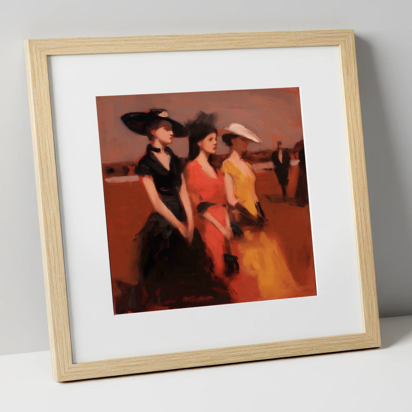 Trackside Elegance racing horse art print in natural frame