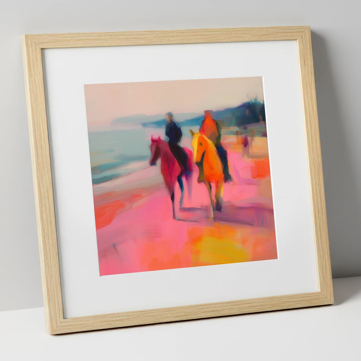 Vivid Coastal Ride horse landscape art print in natural frame