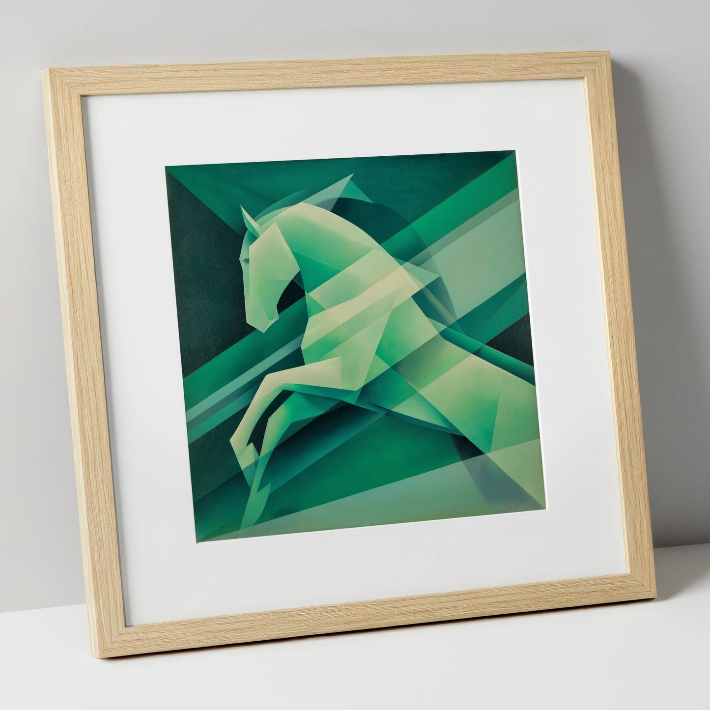 Emerald Geometric Leap show jumping horse art print in natural frame