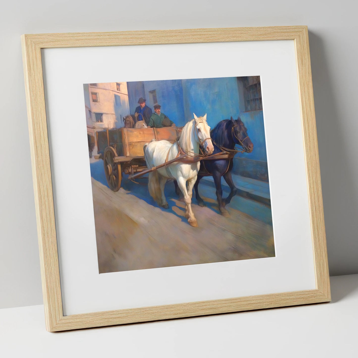Sunlit Draught Pair working horse art print in natural frame