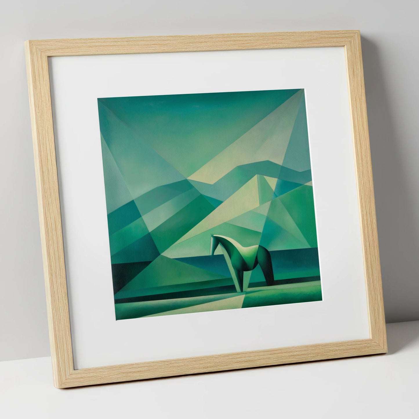 Emerald Equine Geometry horse landscape art print in natural frame