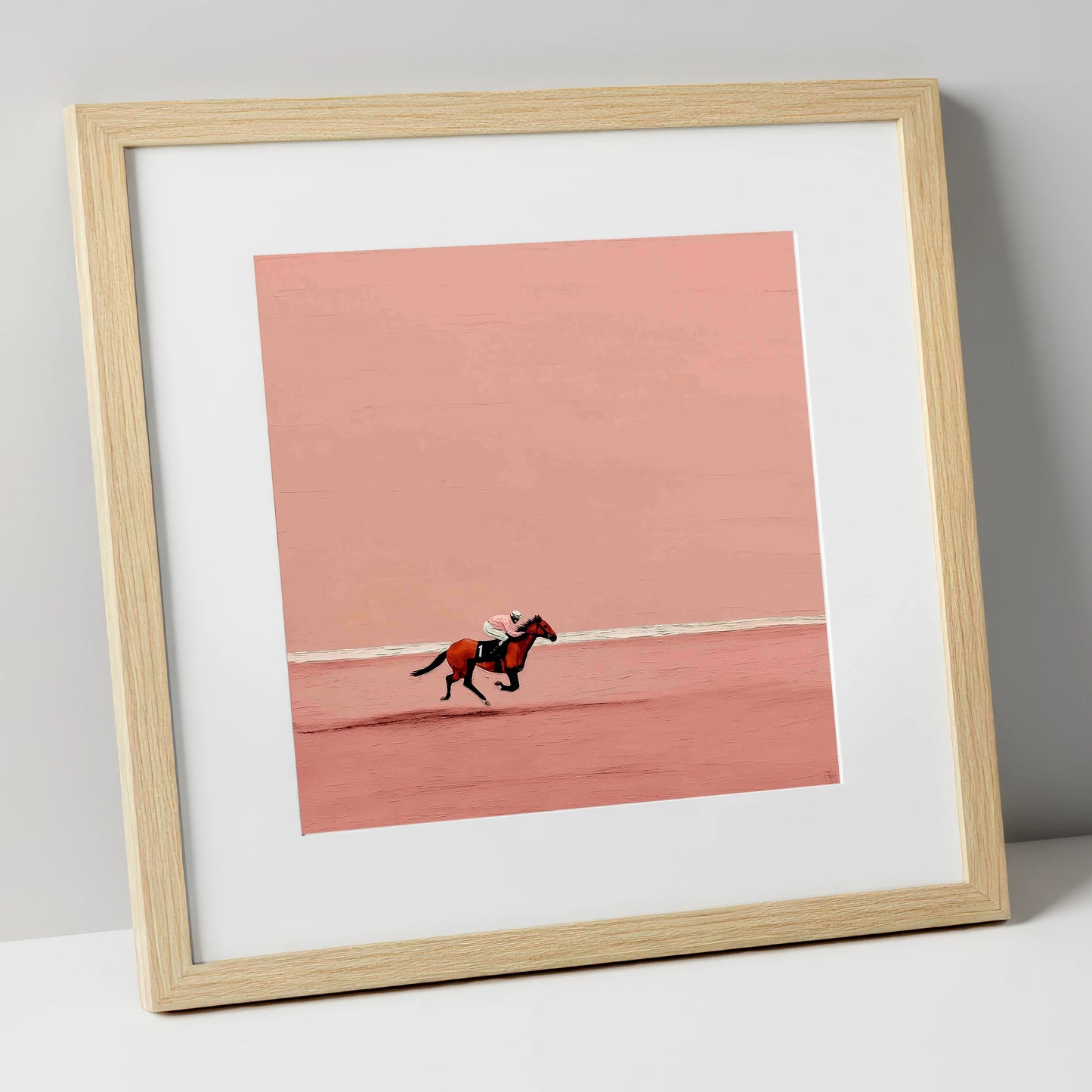 Dusty Rose Stretch racing horse art print in natural frame