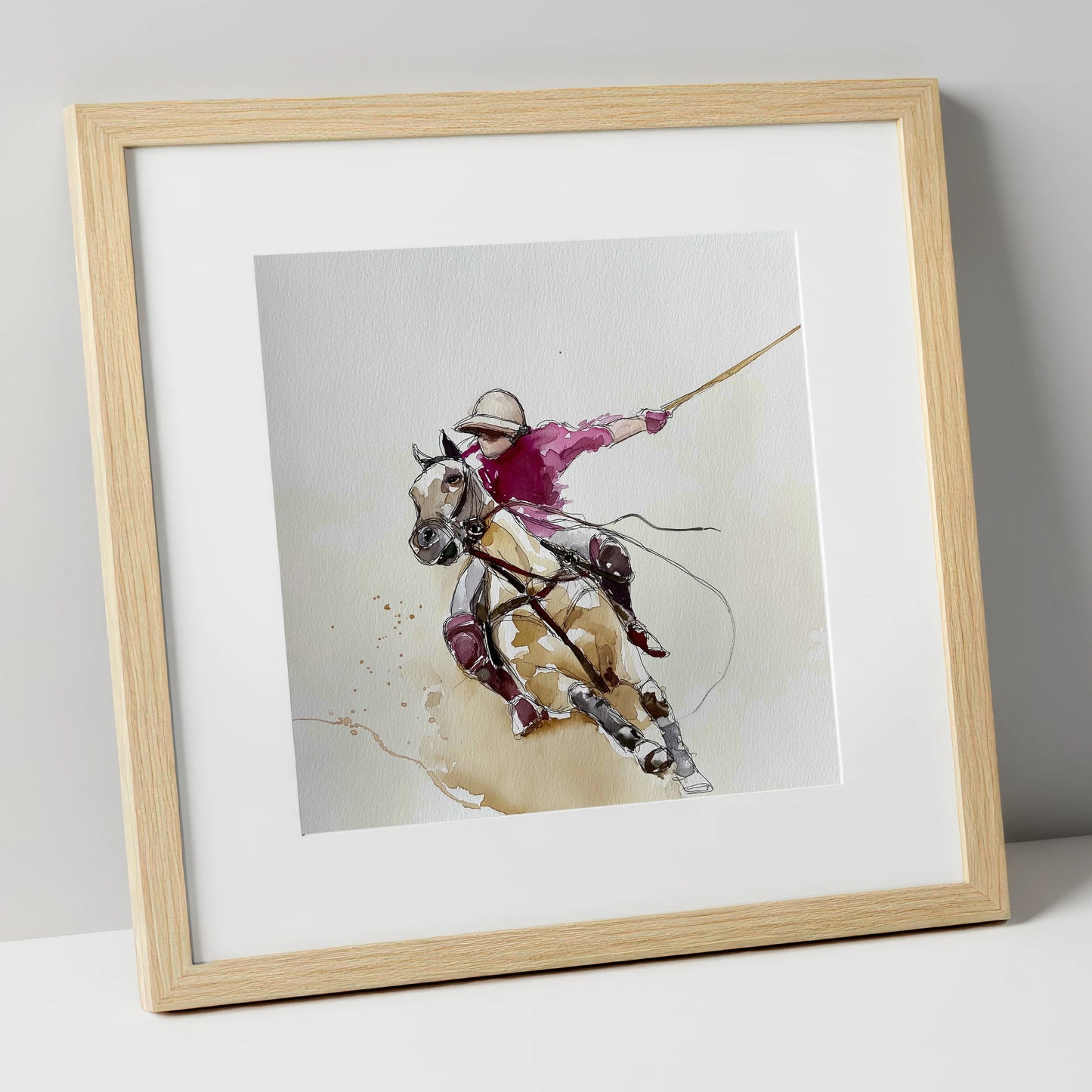 The Decisive Swing polo horse art print in natural frame