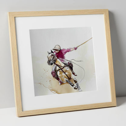 The Decisive Swing polo horse art print in natural frame