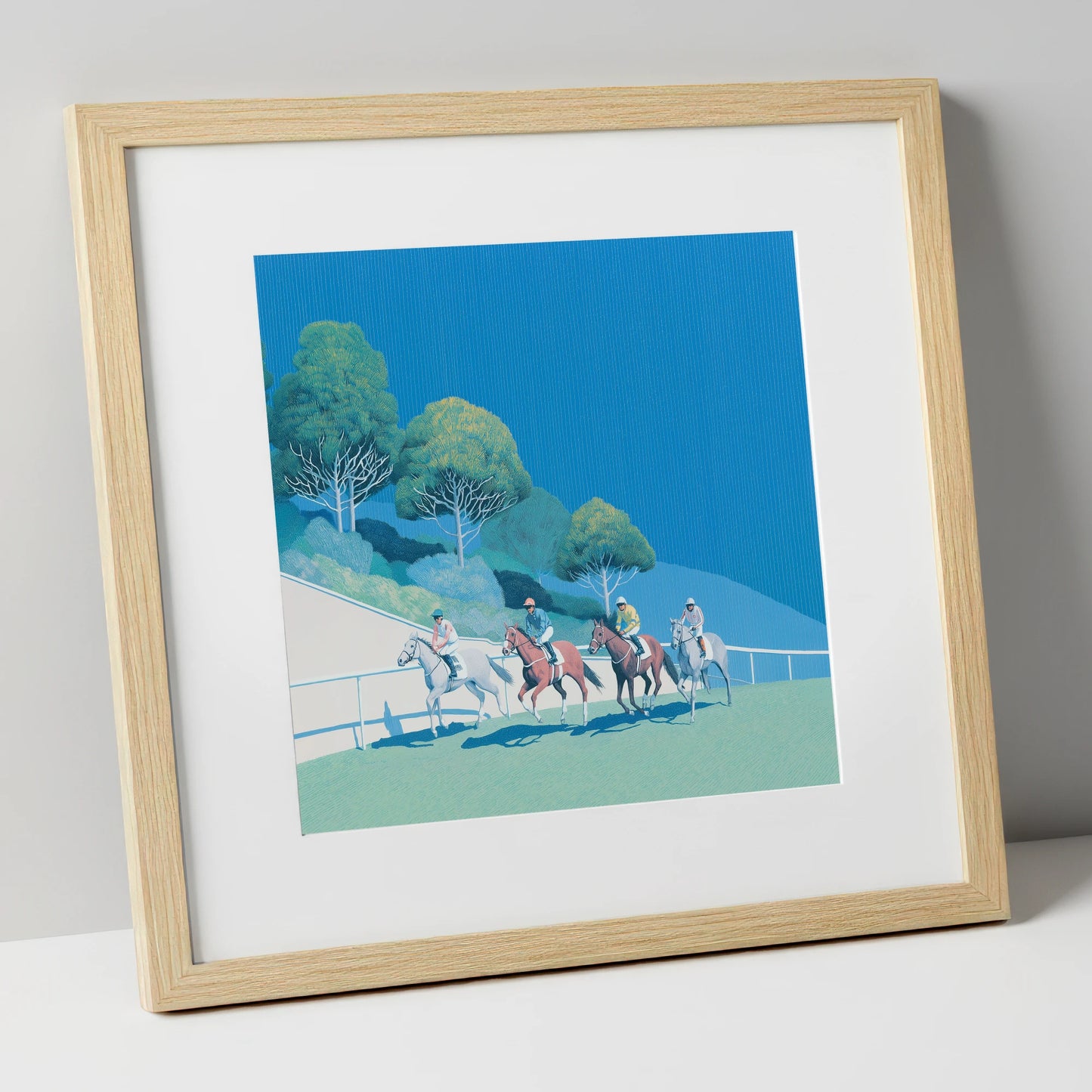 The Cerulean Sprint racing horse art print in natural frame