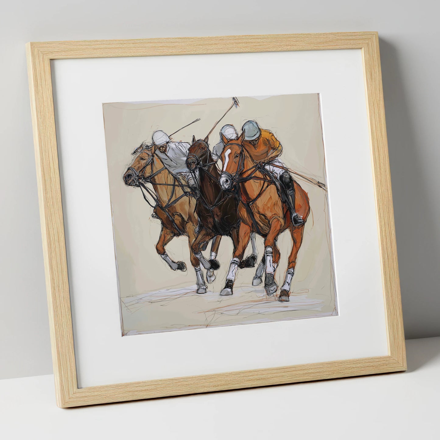 The Midfield Charge polo horse art print in natural frame