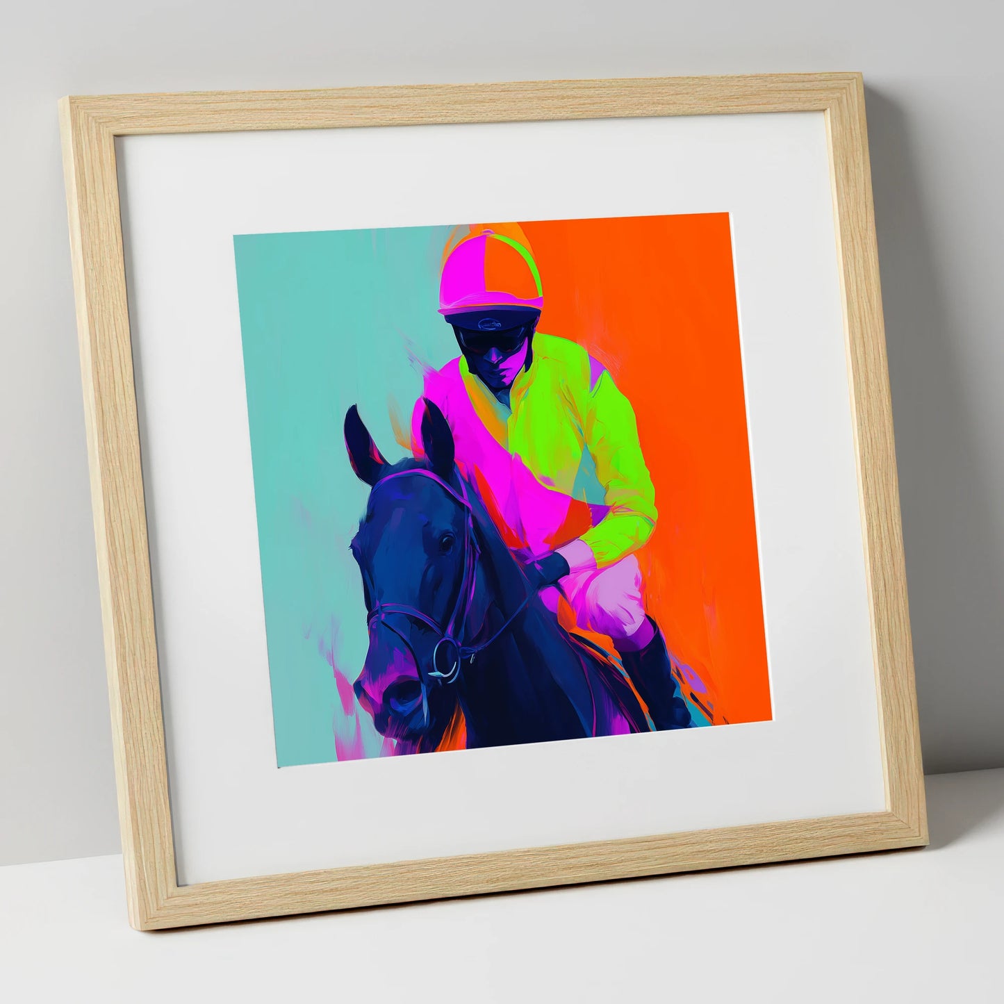 Electric Pace racing horse art print in natural frame