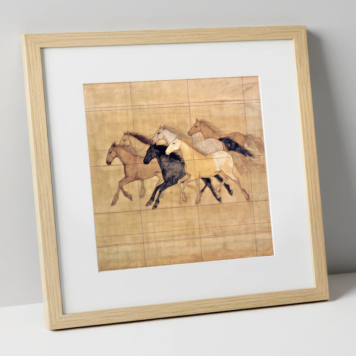 Classical Herd Study wild horses art print in natural frame