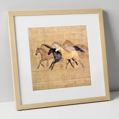 Classical Herd Study wild horses art print in natural frame
