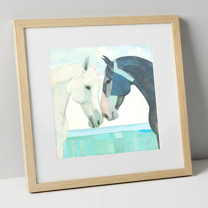 The Gentle Greeting horse portrait art print in natural frame