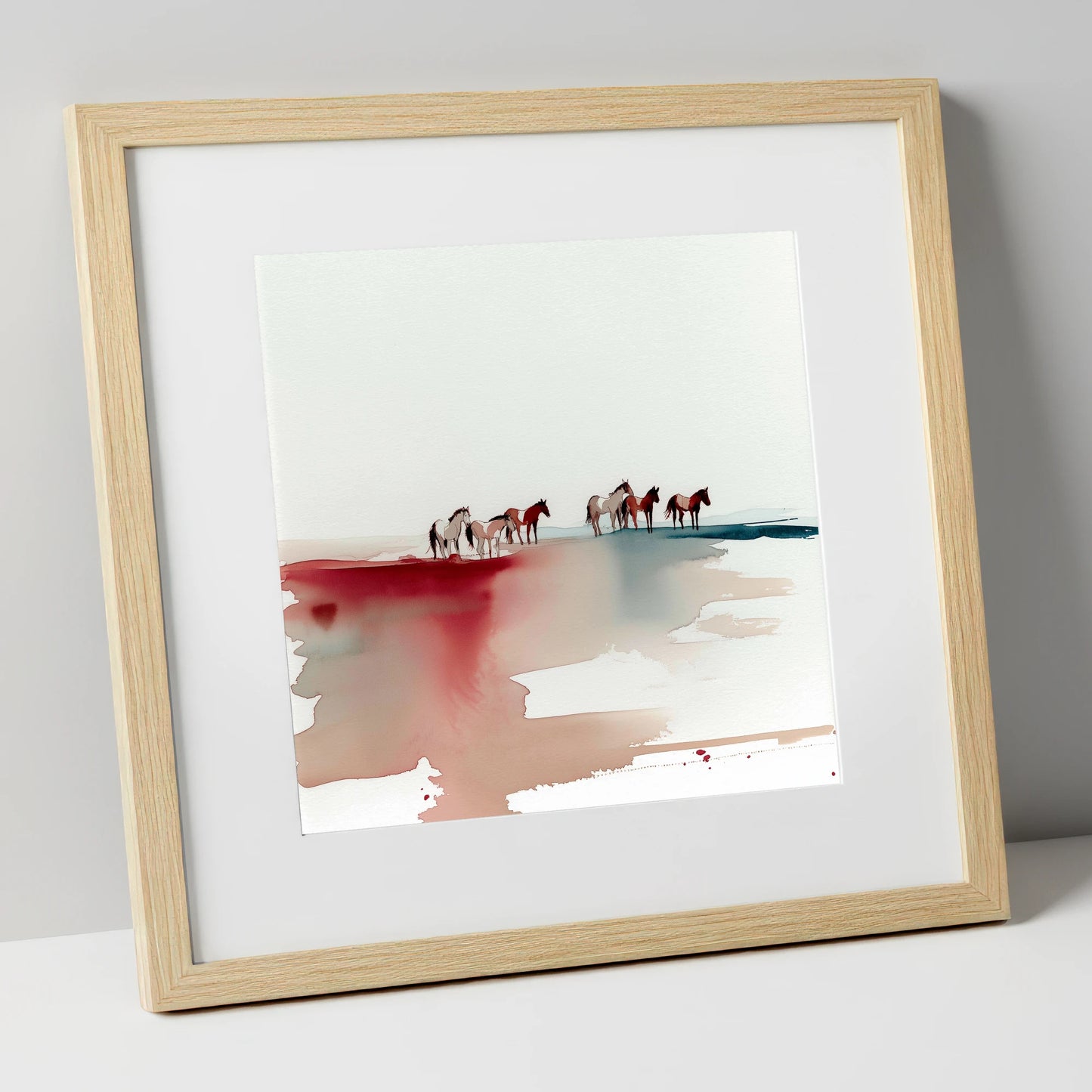 Crimson Horizon Herd horse landscape art print in natural frame