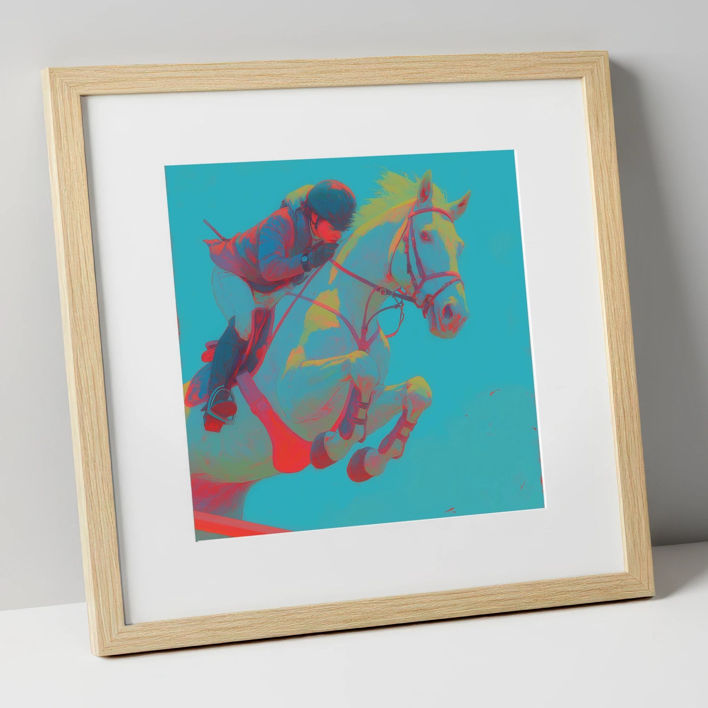 Vivid Airtime show jumping horse art print in natural frame