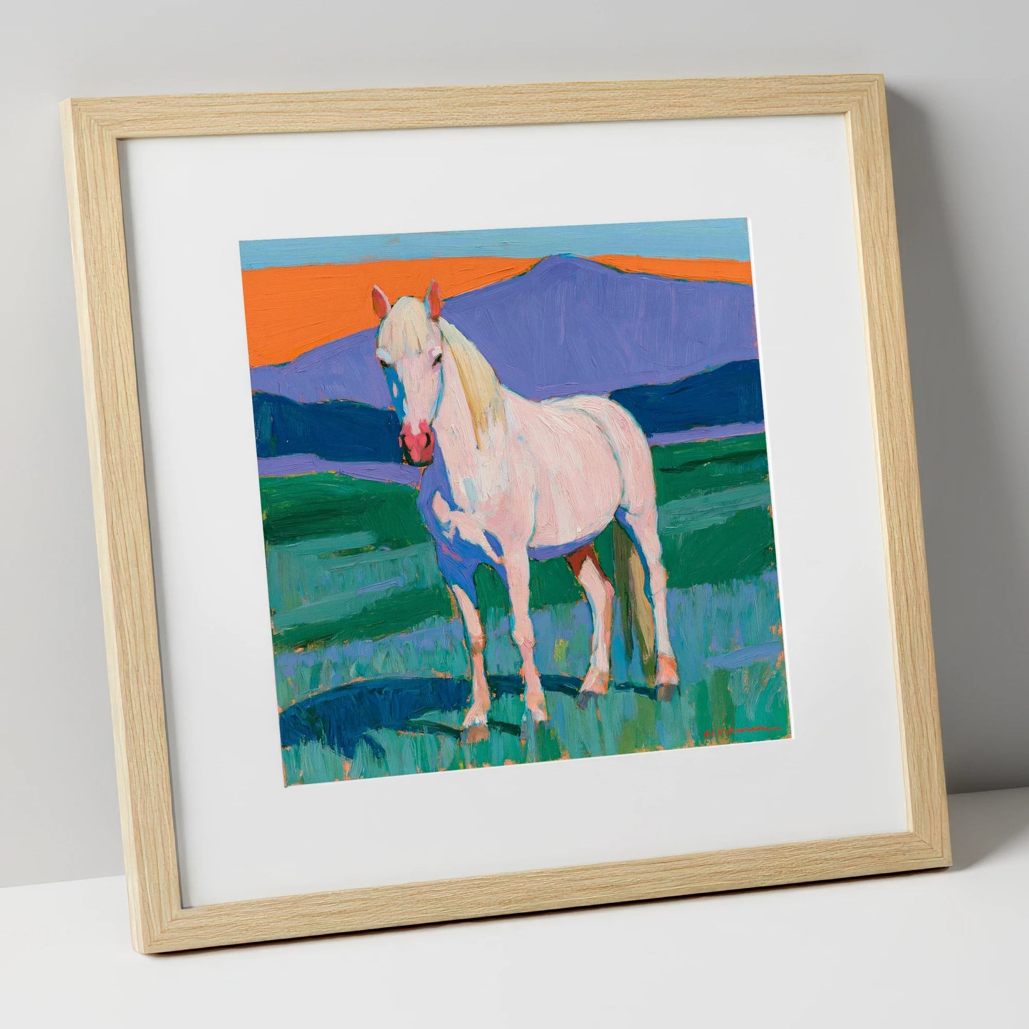 Grey Horse in Colourful Landscape horse breed art print in natural frame
