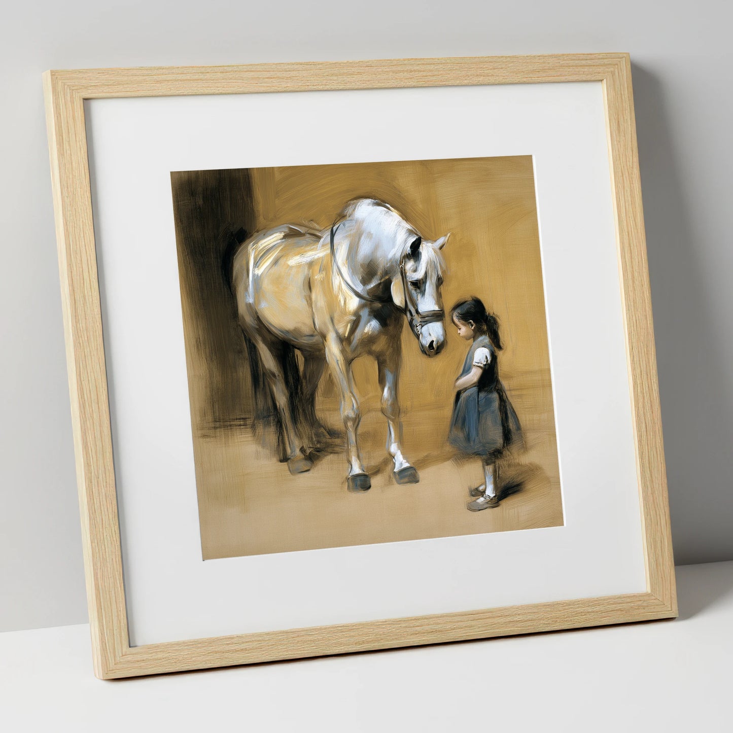 A Quiet Greeting horse & rider art print in natural frame