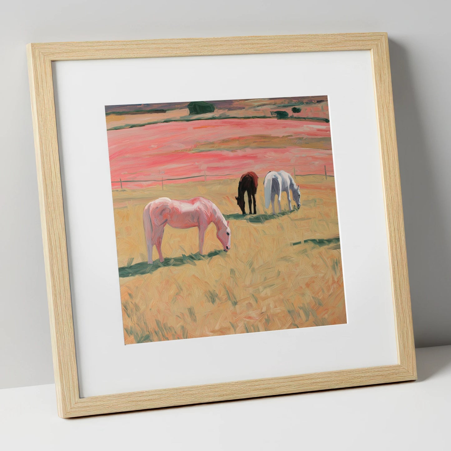 Dusky Meadow Grazing horse landscape art print in natural frame