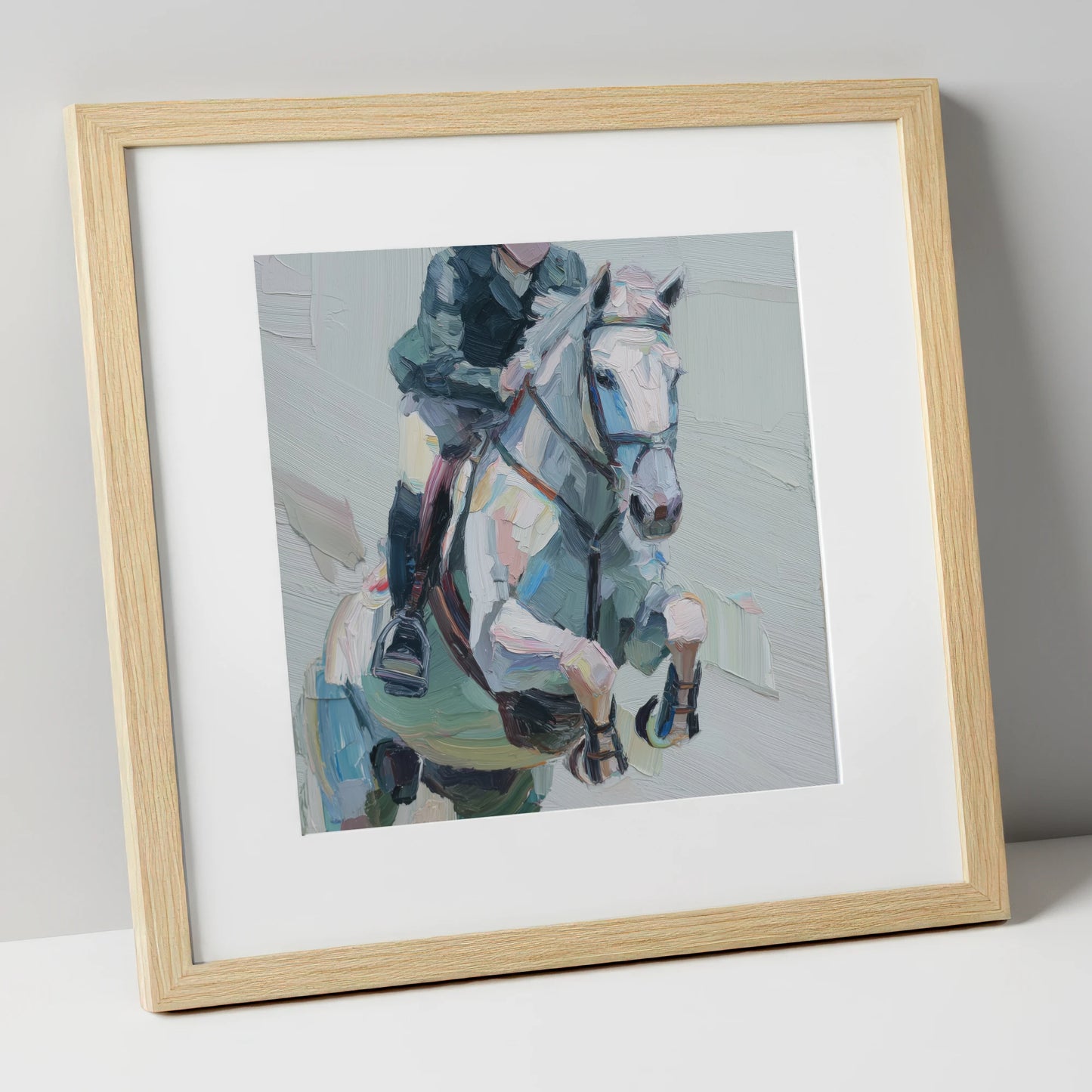 Flight in Grey show jumping horse art print in natural frame