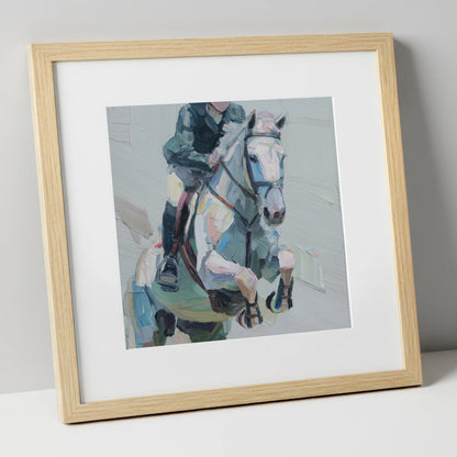 Flight in Grey show jumping horse art print in natural frame