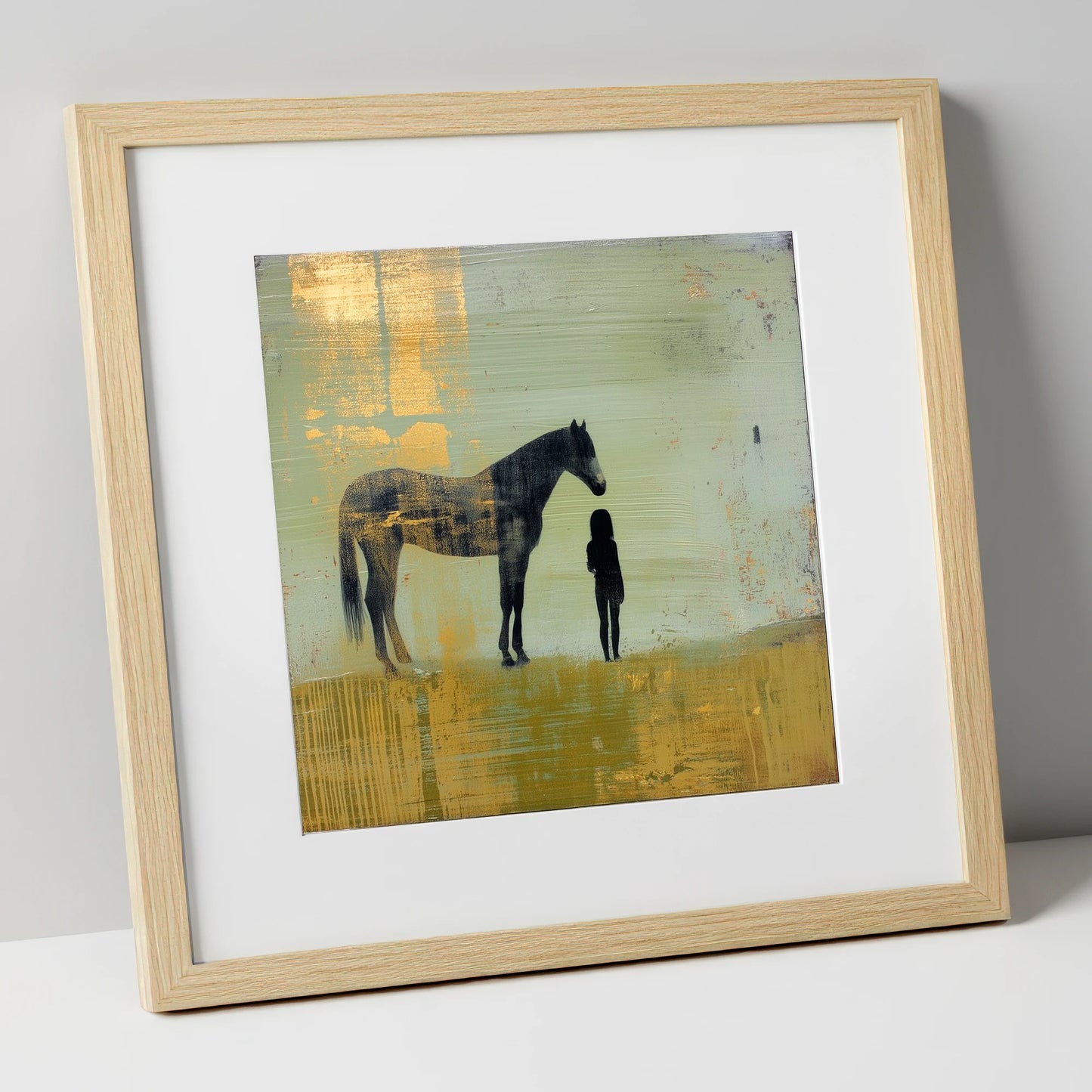 Gilded Connection horse & rider art print in natural frame