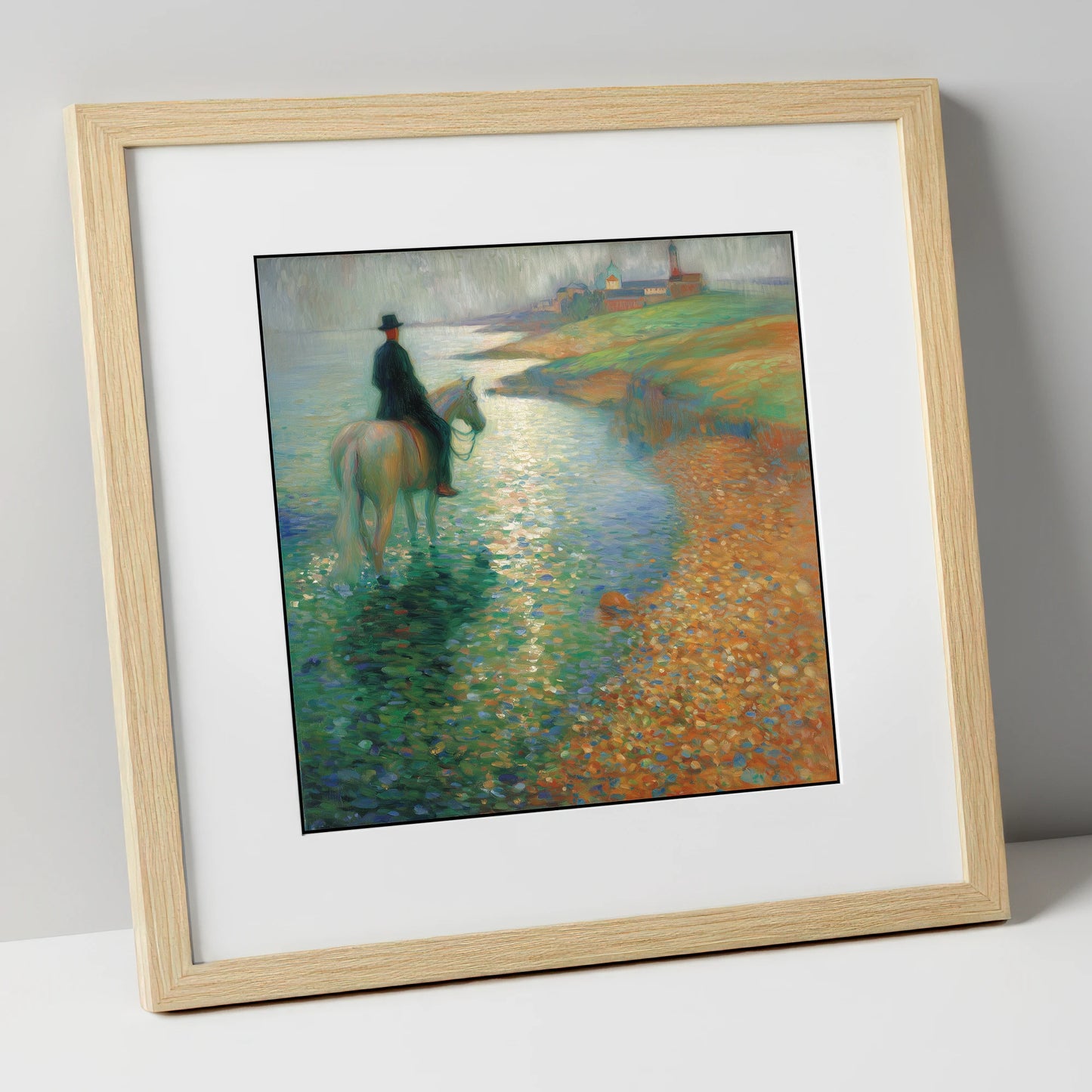 The Shimmering Shore beach horse art print in natural frame